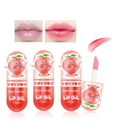 3Pcs Temperature Color Change Lip Gloss lipstick  Hydrating Clear Color Changing Lip Oil Lipstick  High-Shine Peach Long Lasting Moisturizing Plumping Lip Tinted Gloss for Women