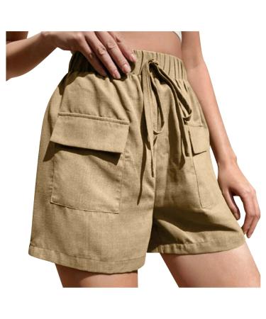 Haiorziyou ladies sport shorts elastic waistband cord strain short trousers running shorts jogging pants with bags hot pants in monochrome just wide leg short pants leisure pants xl khaki