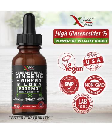 Korean Red Panax Ginseng & Ginkgo Biloba Liquid Extract - 2000mg - High Ginsenosides - Energy & Focus Supplement for Men & Women - 2 fl oz - Buy Online on GoSupps.com