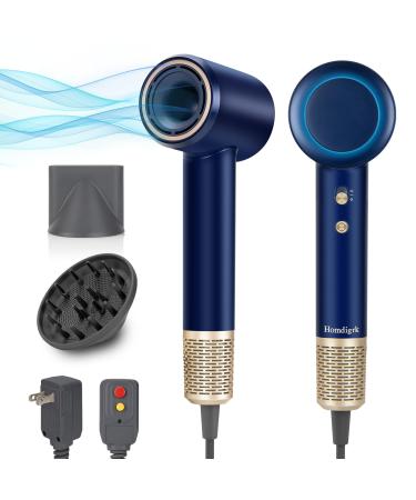 Hair Dryer with Diffuser - 112000RPM High-Speed Brushless Motor Hair Blow Dryer for Fast Drying 110V Ionic Hair Dryer with 4Temps/2Speeds Low Noise Circulating Air Hairdryer Blue