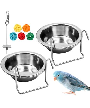 2 Pack Bird Feeder Birds Bowls Stainless Steel Dishes Coop Cups with Wire Hook, Parrot Feeding Dish Cups Food Water Bowls with Bird Food Holder and Rattan Ball for Finches Lovebirds Set 1 - Buy Online on GoSupps.com
