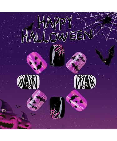 24Pcs Halloween Press On Nails - Short Square Fake Nails with Bat Mummy & Ghost Designs | Glossy Purple Full Cover Artificial Nails for Women - Buy Online on GoSupps.com