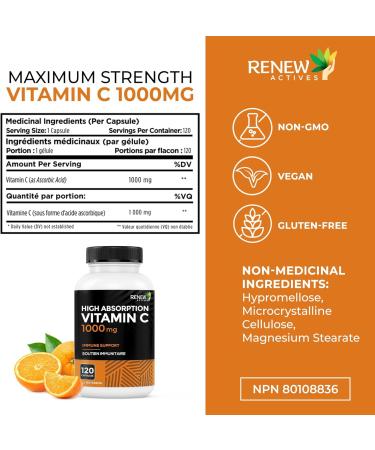 RENEW ACTIVES Maximum Strength Vitamin C 1000MG per Serving Antioxidant & Immune Booster for Overall Health, Bones, Teeth & Gums Non-GMO, Sugar-Free, 4-Month Supply Made in Canada 120 Capsules - Buy Online on GoSupps.com