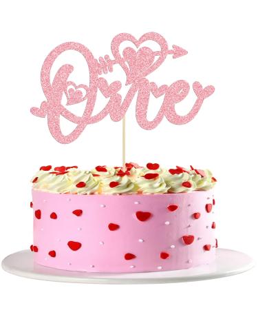 Gyufise 1Pc Happy Valentine's Day First Birthday Cake Topper Glitter Heart Arrow Valentine One Cake Topper Decorations for Valentine Theme Kids Birthday Party Supplies Pink Pink-4