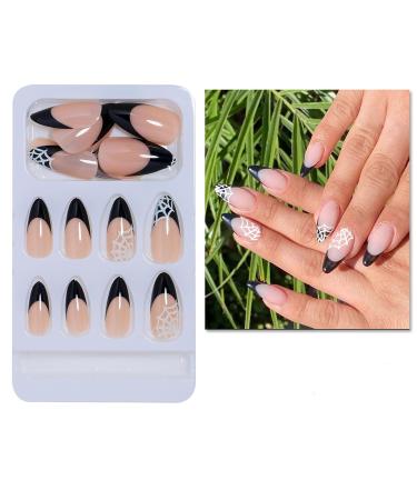 French Tip Press on Nails - Almond Shape Full Cover Acrylic | Halloween Spider Web Design - Glossy Stick-On Nails for Women/Girls - Buy Online on GoSupps.com