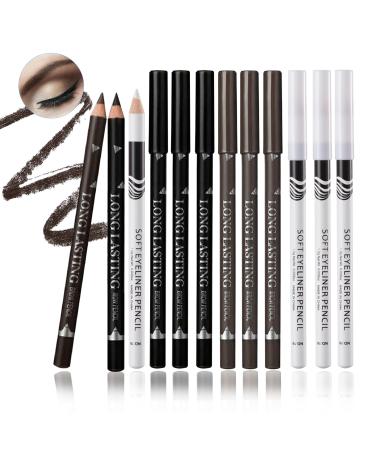 12PCS Eyeliner Pencil Black White Dark Brown Waterproof Eyeliner Pencil Pen Set Smudge-proof Long Lasting Matte Eye Liner Makeup Pencils Easy Apply Colored Eyeliner Pencil