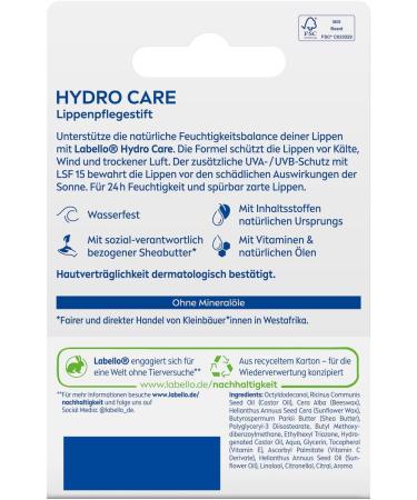 Beiersdorf Labello Hydro Care Lip Balm with mineral oilfree lip care with SPF 15 for 24 hours of moisture lip balm with shea butter vitamins and natural oils 48 g Stift Repair lip balm - Buy Online on GoSupps.com
