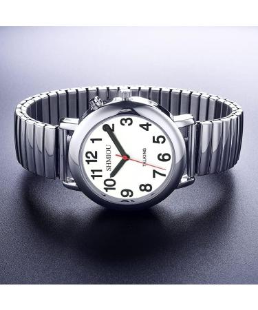 SHMIOU English Talking Watch for Visually Impaired, Elderly Men & Women - Expansion Band Quartz with Alarm, White Dial & Silver Frame - Buy Online on GoSupps.com