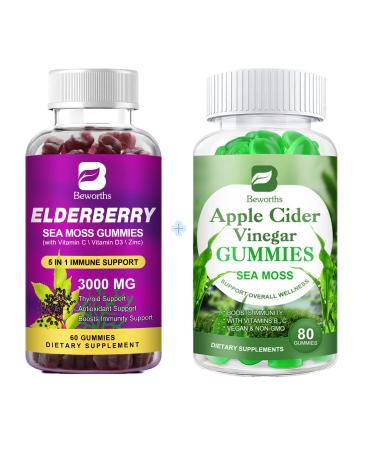 B BEWORTHS Elderberry & Sea Moss Gummies with Zinc and Vitamin C D3 for Adults & Kids/Apple Cider Vinegar & Sea Moss Gummy with Vitamin B9 B12