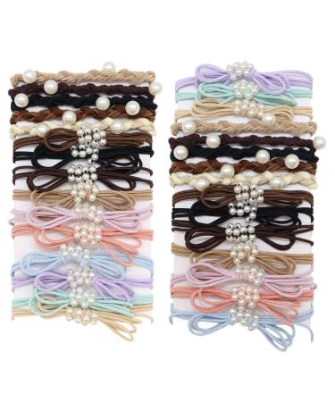 SWIHAITI 30Pcs Hair Ties Bracelets Pearl Elastic Hair Bands Braided Hair Ties No Damage Ponytail Holder Hair Accessories for Women Girls Thick Heavy and Curly Hair
