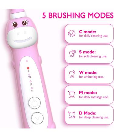 Kids Dinosaur Sonic Electric Toothbrush with Timer - 5 Modes, 8 Heads, Rechargeable - Ages 3-12 - Pink - Buy Online on GoSupps.com