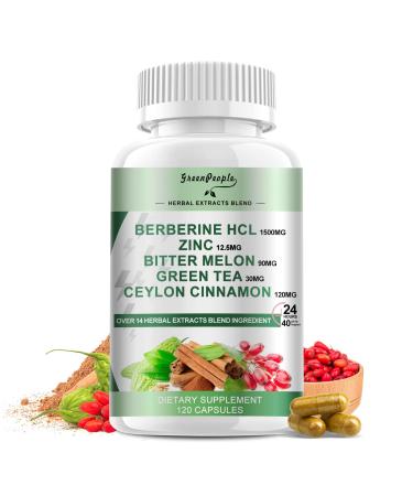 GREENPEOPLE Berberine Supplement with Ceylon Cinnamon - 120 Count Berberine 1500mg Activates AMPK & GLP-1 Berberina HCL with Bitter Melon & Natural Herbs for Immune Support/Energy 120 Count (Pack of 1)