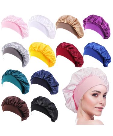 Tergy 12pcs Satin Bonnet Caps for Women Solid Color Hair Bonnets for Sleeping Elastic Band Bonnet Hats for Black Women Hair Care