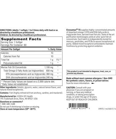 Klaire Labs SFI Health Eicosamax TG Fish Oil - Ultra Pure Omega-3 Fish Oil Pills with EPA/DHA - Sustainably Sourced - Natural Lemon Flavor for No Fishy Burps or Aftertaste (60 Softgels) 1 Count (Pack of 60) - Buy Online on GoSupps.com