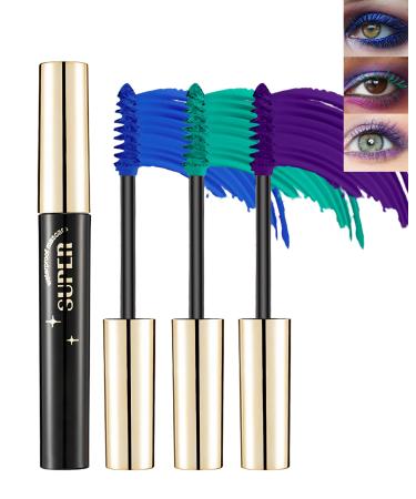 3 Colors Waterproof Mascara Set Blue Green Purple Colored Mascara for Eyelashes Long Lasting Curling Lash Mascara Volume and Length Highly Pigmented Colorful Mascara Eye Makeup for Cosplay Stage-B 02+03+08-blue Green Purple