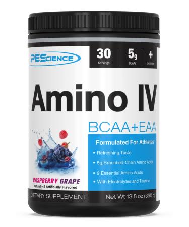PEScience Amino IV, Raspberry Grape, 60 Scoop, BCAA and EAA Powder with Electrolytes