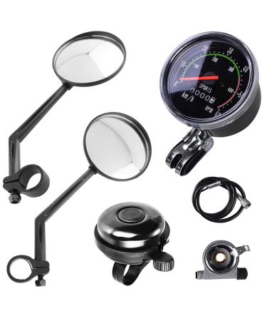 Lomodo 4 Pieces Bike Accessories Including 2 x Bicycle Rear View Mirrors 1 x Classical Old School Style Bike Speedometer Analog Odometer and 1 x Aluminum Cycling Bell for 24-27.5 Bicycle