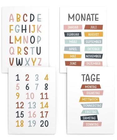 Papierschmiede Kinderposter 4er Set learning poster 30x40 cm wall decoration gift for girls & young children's room colorful letters pay calendar weekly days ABC days months