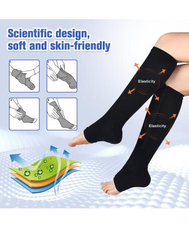 Bropite Zipper Compression Socks - 2 Pairs Open Toe Calf Knee High 15-20mmHg for Walking Running | Large-X-Large | Black/Nude - Buy Online on GoSupps.com