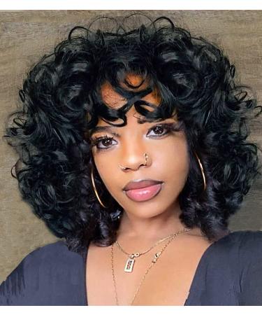 Short Curly Wigs for Black Women Vvgymmo 14’’ Natural Black Curly Afro Kinky Hair Wig with Bangs Soft Bouncy Synthetic Wigs with Cap for Daily Party P118 Black (14 Inch)