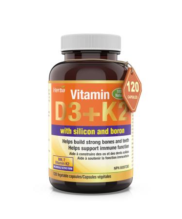 Herba K2 D3 Vitamin Supplement with Boron and Silica 120 Capsules | Vitamin D3 K2 with Boron Supplement for Men and Women | Vitamin K2 MK-7 and Vitamin D3 1000 IU | Helps Build Strong Bones and Teeth