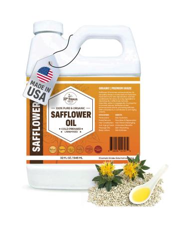 ORGANIC SAFFLOWER OIL (32 oz) Premium Cold Pressed Unrefined High Oleic 100% Pure Safflower Oil for Skin Face Hair Soap Making | Carrier for Essential Oils | Available in Bulk | 32 FL OZ