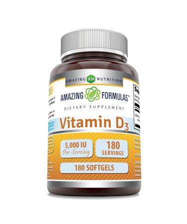 Amazing Formulas Vitamin D3 (Cholecalciferol) Supplement | 5000 IU per Serving | Softgels | Non-GMO | Gluten-Free | Made in USA (1 Pack | 180 Count)