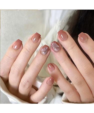 TULOBI Gradient Press on Nails Short Square Fake Nails Brown Nails Acrylic False Nails with Butterfly Designs Glossy Nails for Women 24 PCS/Set