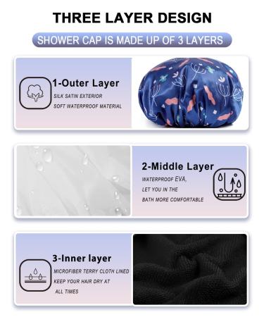 Terry Cloth Lined Shower Cap - YIZIJIZI Triple Layer Waterproof Reusable Cap for Long Thick Hair, Blue Flower & Leaf Design - Buy Online on GoSupps.com