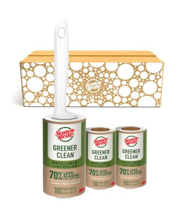 Scotch-Brite Greener Clean Lint Roller Reusable Lint Rollers for Clothes Furniture and Pet Hair Tidy Up Fabrics with a More Sustainable Fuzz Remover 1 Roller 2 Refills White 3 Pack