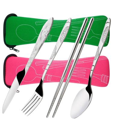8 Pieces Flatware Sets Knife Fork Spoon Chopsticks SENHAI 2 Pack Rustproof Stainless Steel Tableware Dinnerware with Carrying Case for Traveling Camping Picnic Working Hiking(Green Pink)