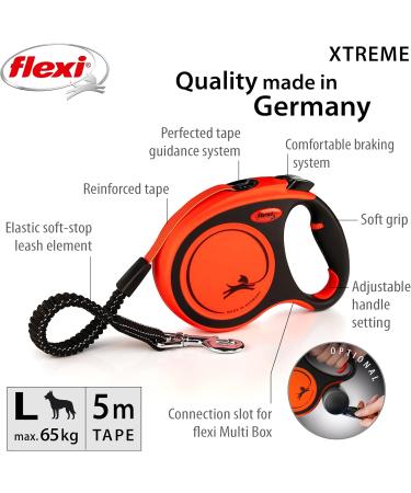 Flexi Xtreme Tape Orange & Black Large 5m Retractable Dog Leash/Lead for dogs up to 65kgs/143lbs Orange & Black Extra Large (5m) - Buy Online on GoSupps.com
