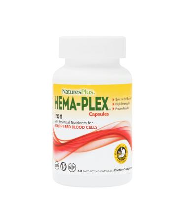 NaturesPlus Hema-Plex Iron - 60 Fast-Acting Capsules - 85 mg Elemental Iron + Vitamin C & Bioflavonoids for Healthy Red Blood Cells - Vegan, Gluten Free - 30 Servings