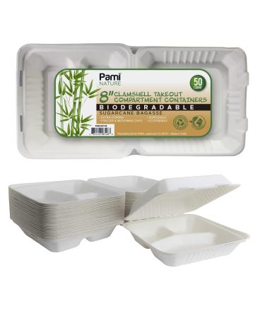 PAMI Sugarcane 100% Biodegradable 8 Clamshell Food Containers With LidsPack of 50 - Compostable 3 Compartment Takeout Containers- Eco Bagasse To-Go Food Boxes- Disposable Microwavable Lunch Boxes