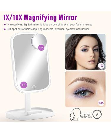 Rechargeable Lighted Makeup Vanity Mirror with Phone Holder | Portable Beauty Mirror with 10X Magnification, 3 Color Lighting, Touch Screen Dimmable - Tabletop Cosmetic Mirror - Buy Online on GoSupps.com