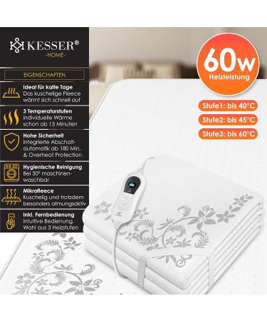 Kesser 150x80cm Heat Under Bed Blanket with Remote Control | Soft Fleece Heating Pad | 3 Temperature Levels | Auto Switch-Off | Ideal for Mattress Heating - White Pattern - Buy Online on GoSupps.com