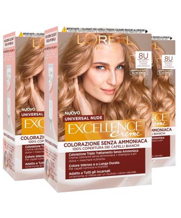 3 x L'Or al Paris Excellence Creme permanent hair colour Universal Nude Light Blonde 8U triple treatment 3 colours 3x light blonde 8U