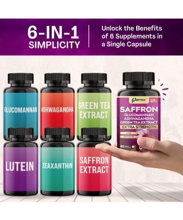 Saffron Supplement with Glucomannan Ashwagandha Green Tea Extract Zeaxanthin & Lutein Vision Support & Daily Wellness Formula Extra Strength Plant-Based Capsules 2 Month Supply (60 Caps) 60 Count (Pack of 1) - Buy Online on GoSupps.com