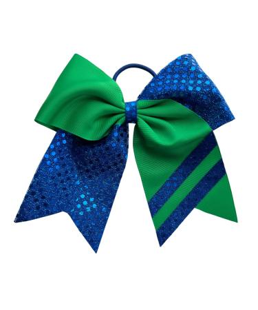 New "CONFETTI STRIPES Royal Blue Green" Cheer Bow Pony Tail 7 Inch Girls Hair Bows Cheerleading Dance Practice Football Games Competition Birthday Tick Tock Grosgrain Ribbon