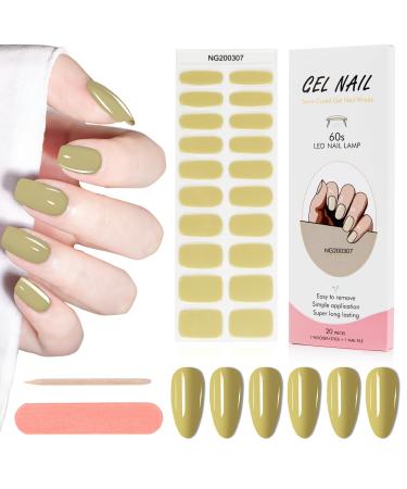 Kalolary 20PCS Nail Gel Polish Strips Solid Color Full Wraps Nail Polish Stickers Cured Gel Nail Strips Self-Adhesive Gel Nail Wrap Stickers Decals with Nail File and Stick(UV/LED Lamp Required) Light Yellow