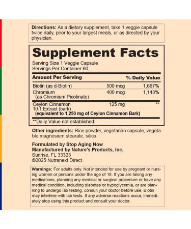 Stop Aging Now - Ceylon Cinnamon Supplement - with Chromium - 60 Vegetarian Capsules - Buy Online on GoSupps.com