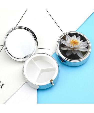 Round White Lotus Print Pill Box | 3 Compartment Portable Medicine Organizer | Decorative Metal Pocket Pill Case - Buy Online on GoSupps.com