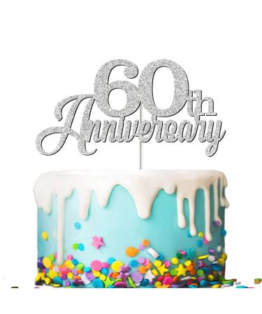 Tenhaisi Glittery Silver Happy 60th Anniversary Cake Topper Hello 60 Wedding Party Decorations - 60th Wedding Anniversary Cake Topper - Cheers to 60 Anniversary Birthday Party Supplies