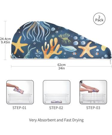 Watercolor Animals Under The Sea Hair Towel 2 Pack | Super Absorbent Quick Dry Hair Turbans for Women & Girls - Buy Online on GoSupps.com