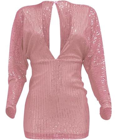 Shop Hanxiulin Women's Vintage Party Dress High Waist Sequin Mini Dress in Pink XXL | Long Sleeved Tunic Style - Buy Online on GoSupps.com