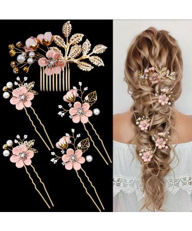 5 Pieces Bridal Flower Wedding Hair Pins Crystal Pearl Hair Pins Clips Headpiece Gold Wedding Hair Accessories Jewelry with Rhinestone for Brides Bridesmaids Women Girls Updo(Cherry Blossoms Pink) 5 Count (Pack of 1) Del...