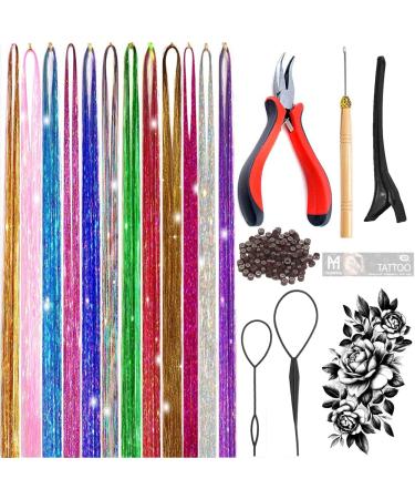 Hair Tinsel Kit with Tools 12 Colors Fairy Hair Tinsel Heat Resistant Sparkling Hair Glitter 3200 Strands Tinsel Hair Extensions with Professional Hair Extensions Pliers Kit (48 Inch) 3200 Strands 12 Colors