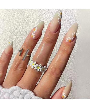 JUSTOTRY 24 Pcs Floral Oval Short False Nails Pattern Lime Green French Press on Nails Fake Nails Short with Nail Glue Matte Almond Medium Stick on Nails for Women Nails Fake Nail for Nails Art green&matte1