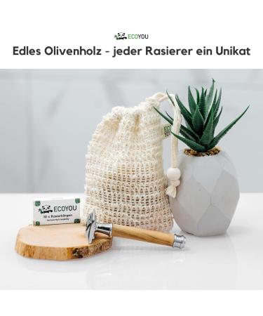 Ecoyou Sustainable Olive Wood Safety Razor for Men & Women | 10 Razor Blades Included | Plastic-Free Zero Waste Wet Shaving | Eco-Friendly Silver & Wood Design - Buy Online on GoSupps.com