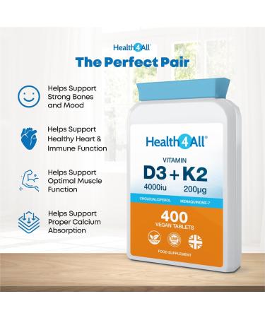 Health4All Vitamin D3 4000iu & Vitamin K2 200ug (Natural MK7) 400 Tablets (1+ Year Supply) Vegan Vitamin D3 K2 Supplement High Strength MK-7 from Natto Made in The UK - Buy Online on GoSupps.com